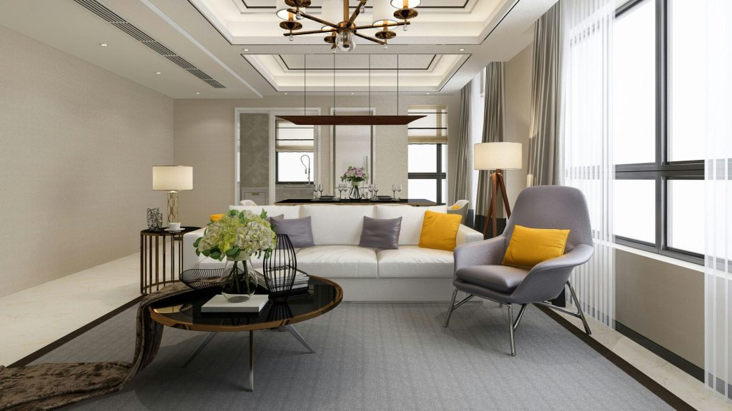 A stylish living room with modern furniture.